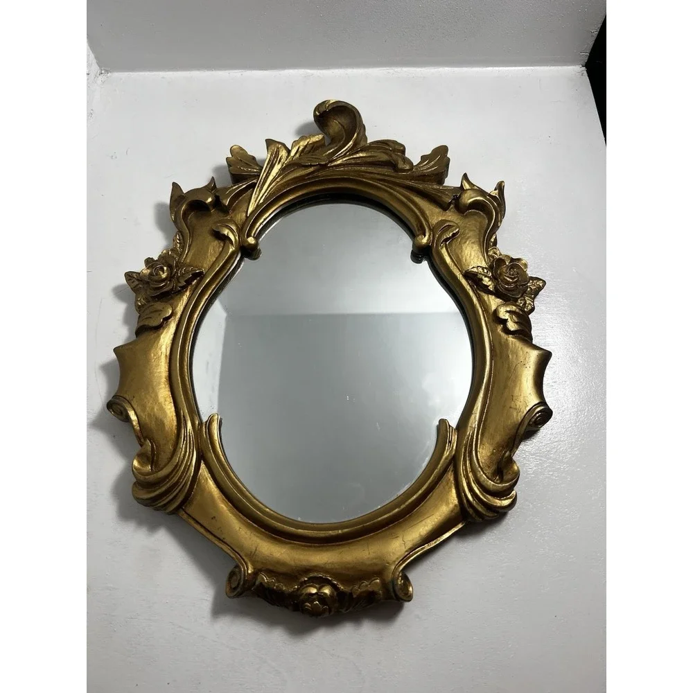 Vintage Gold Rococo Wall Mirror Ornate Floral Hollywood Regency Resin Oval 13x10